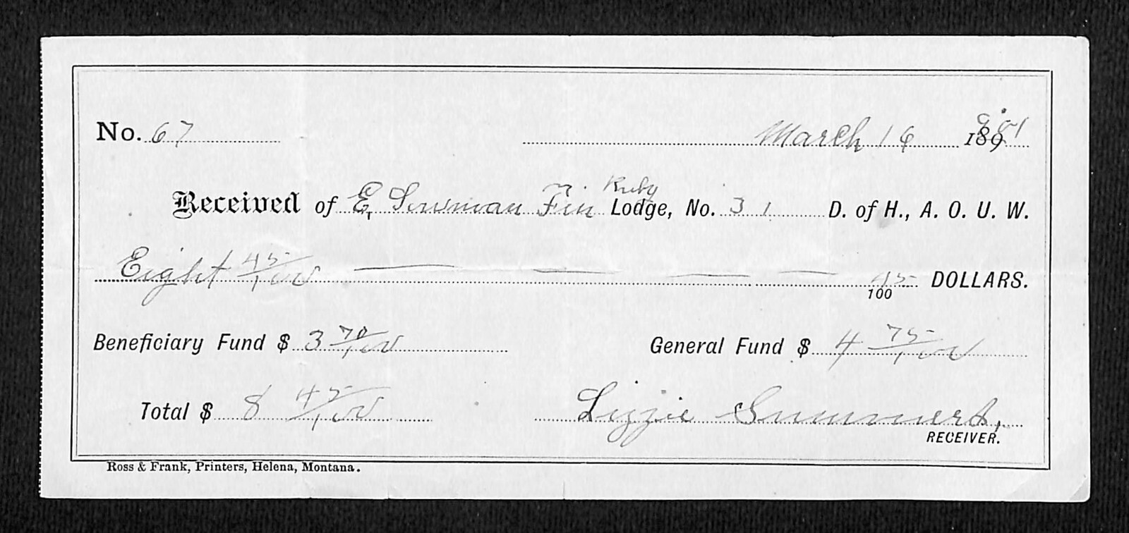 1901 AOUW (Ancient Order of United Workmen) - Dues Receipt (Montana ?)