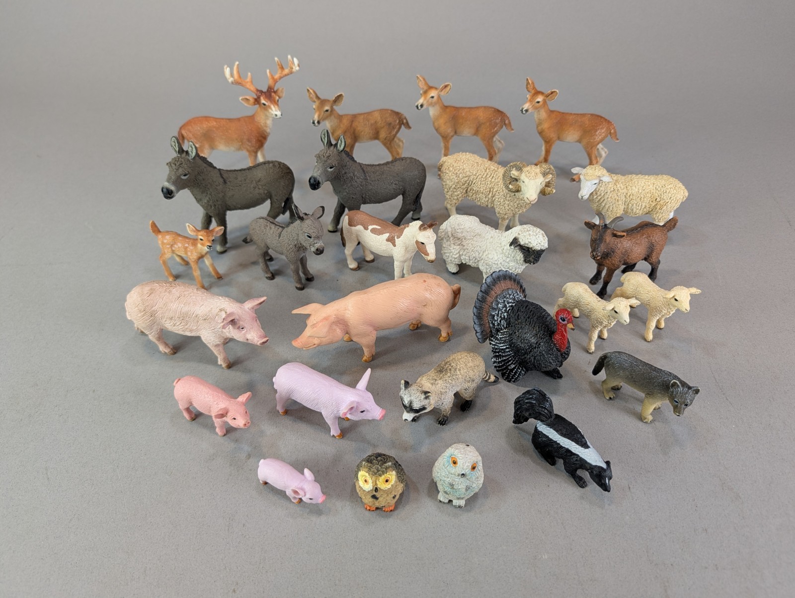 Lot of Schleich Farm Animals Sheep Donkey Deer Racoon Owls Ram Turkey Skunk Pigs