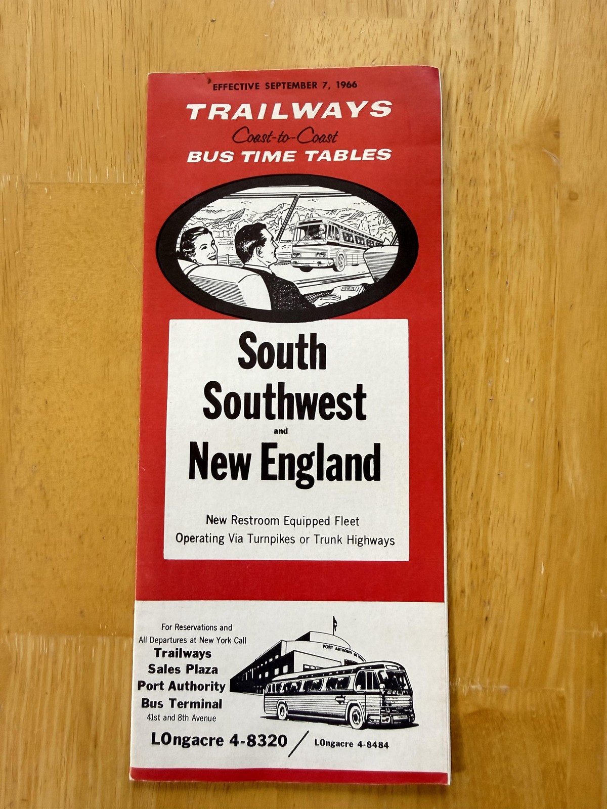 Vintage 1966 Trailways South Southwest New England Bus Time Tables Red USA