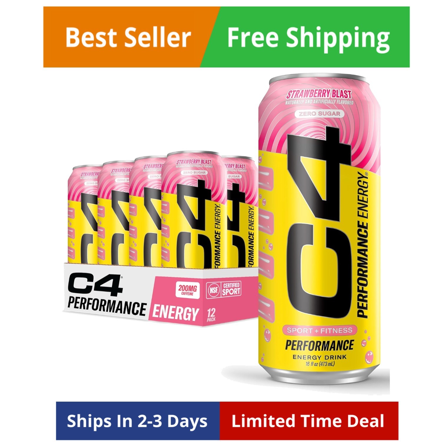 Performance Energy Drink | Strawberry Blast | Zero Sugar Carbonated Preworkou...