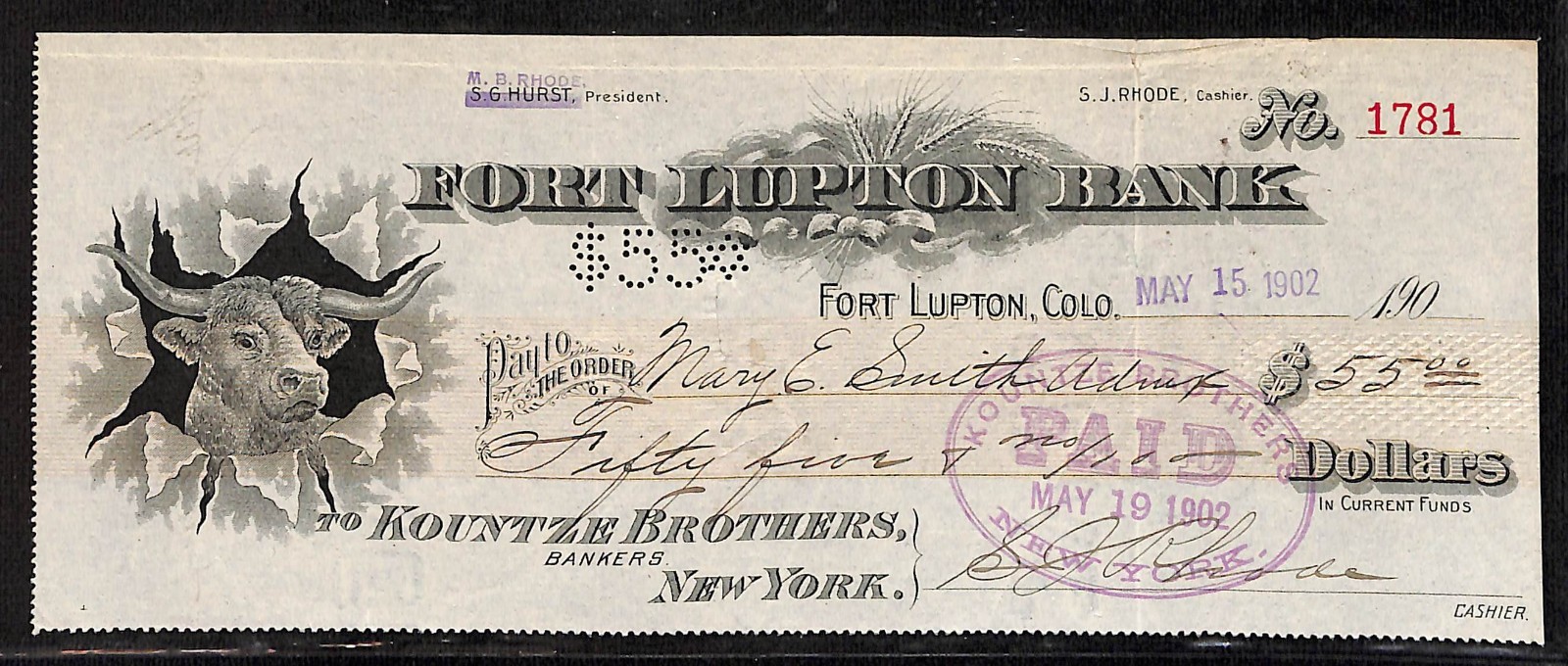 1902 Fort Lupton Bank CO Kountze Brothers Check Mary E. Smith w/ Steer Vignette