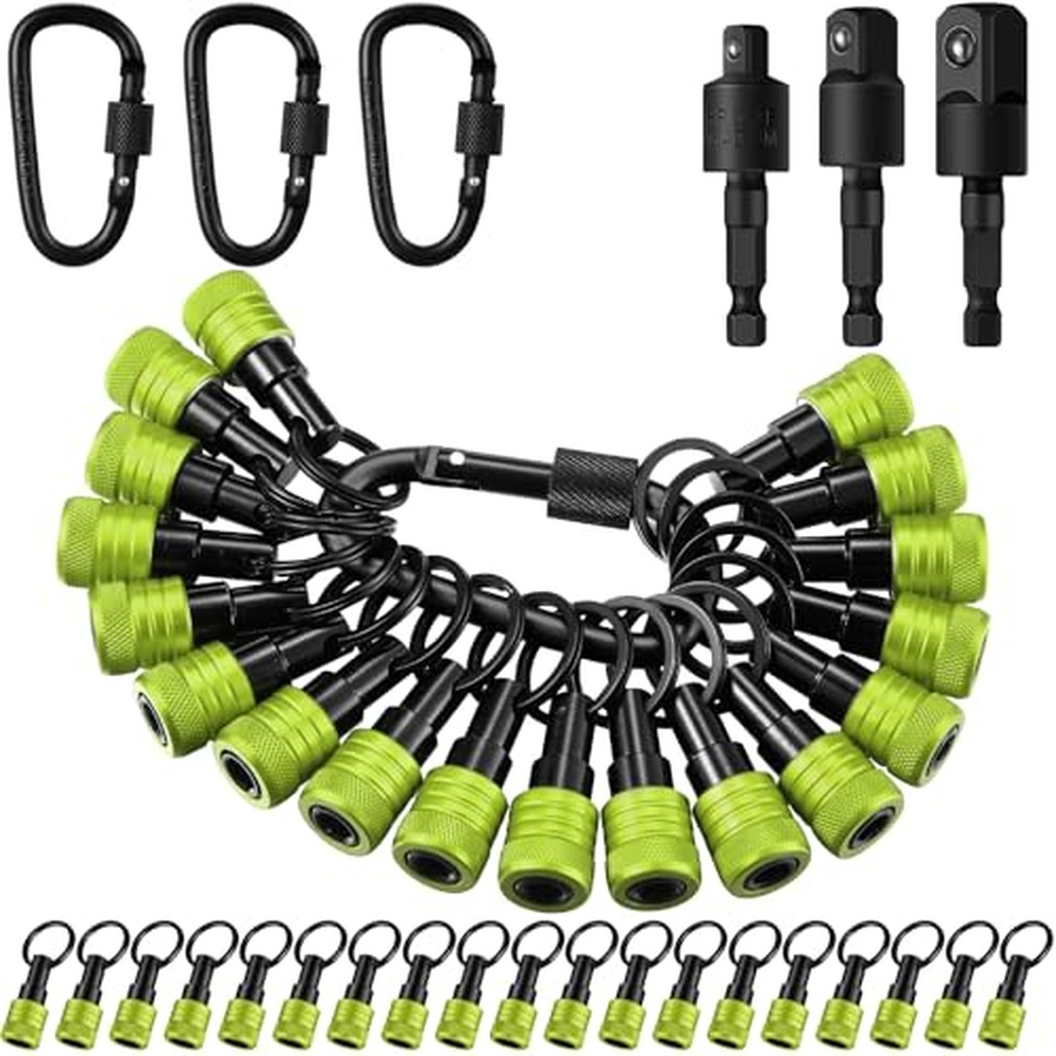 Threlaco 24 Pcs Bit Holder Keychain, 1/4 3/8 1/2 Socket Hex Shank, Green