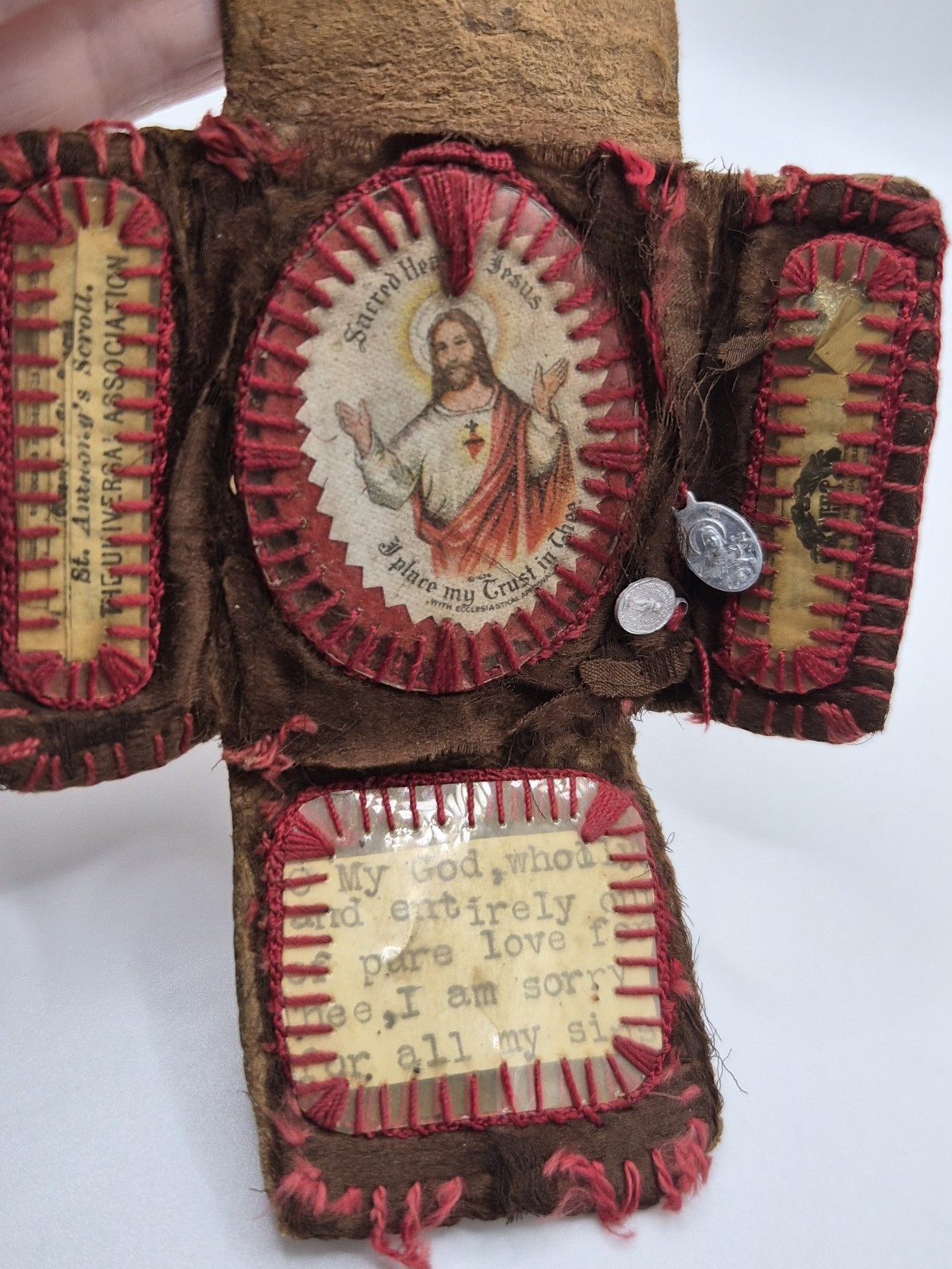 Antique Vintage Pocket Vestment Leather Folder Religious Medal Scapular Catholic