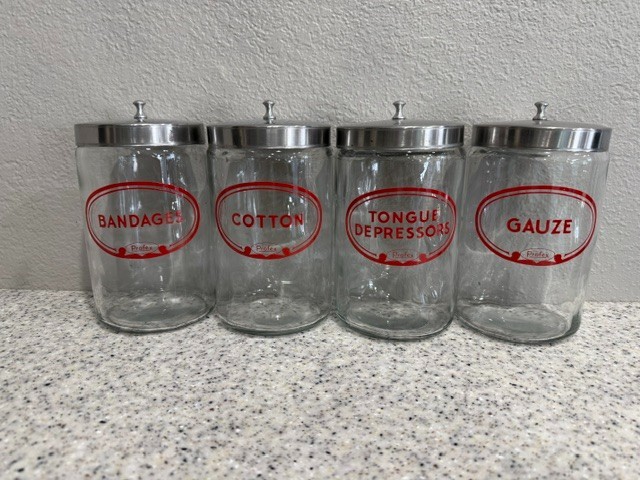Vintage Profex Red Label Medical Office Apothecary Glass Jars Containers Set - 4