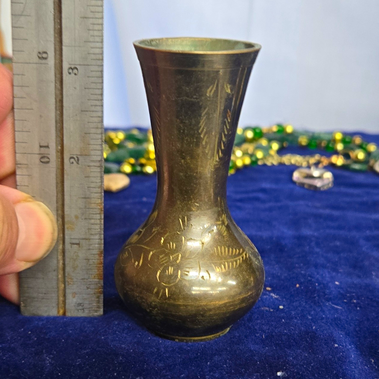 Engraved Brass Bud Vase, Floral Etched 3 Inch