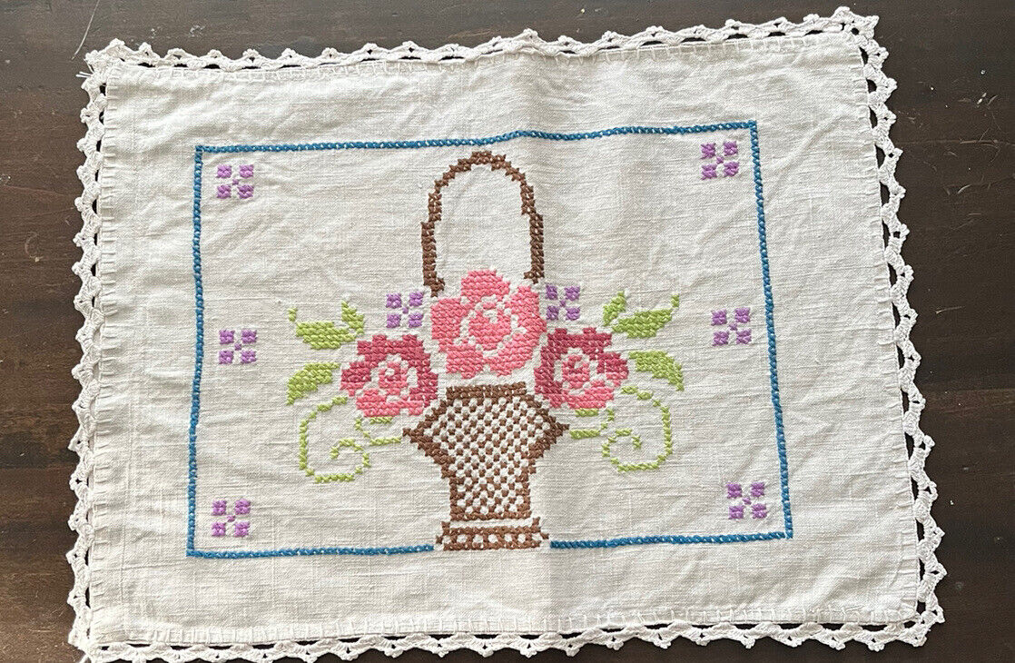 Vintage Hand Stitched Pillow Cover Crocheted Edges Floral Basket 17” x 13\