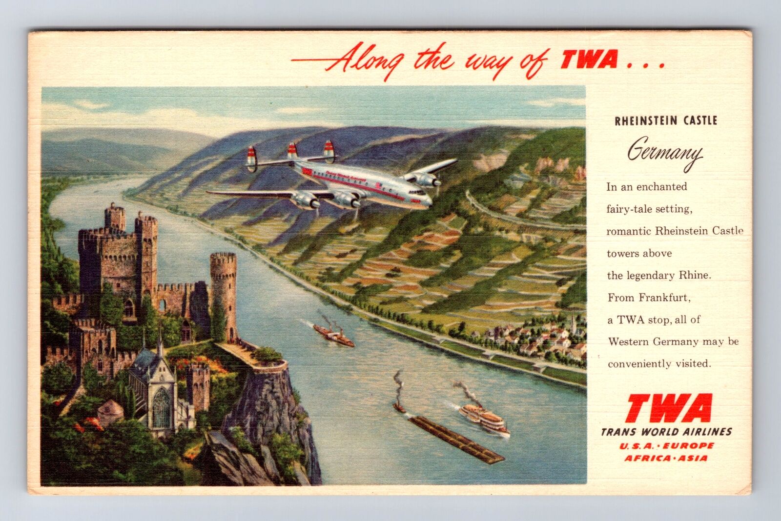 TWA Advertising, Rheinstein Castle In Germany, Vintage Souvenir Postcard