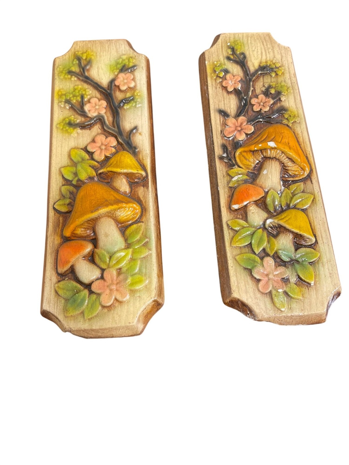 Vintage 1970s Retro Chalkware Mushroom Wall Plaques Set of 2 Plaster Art 