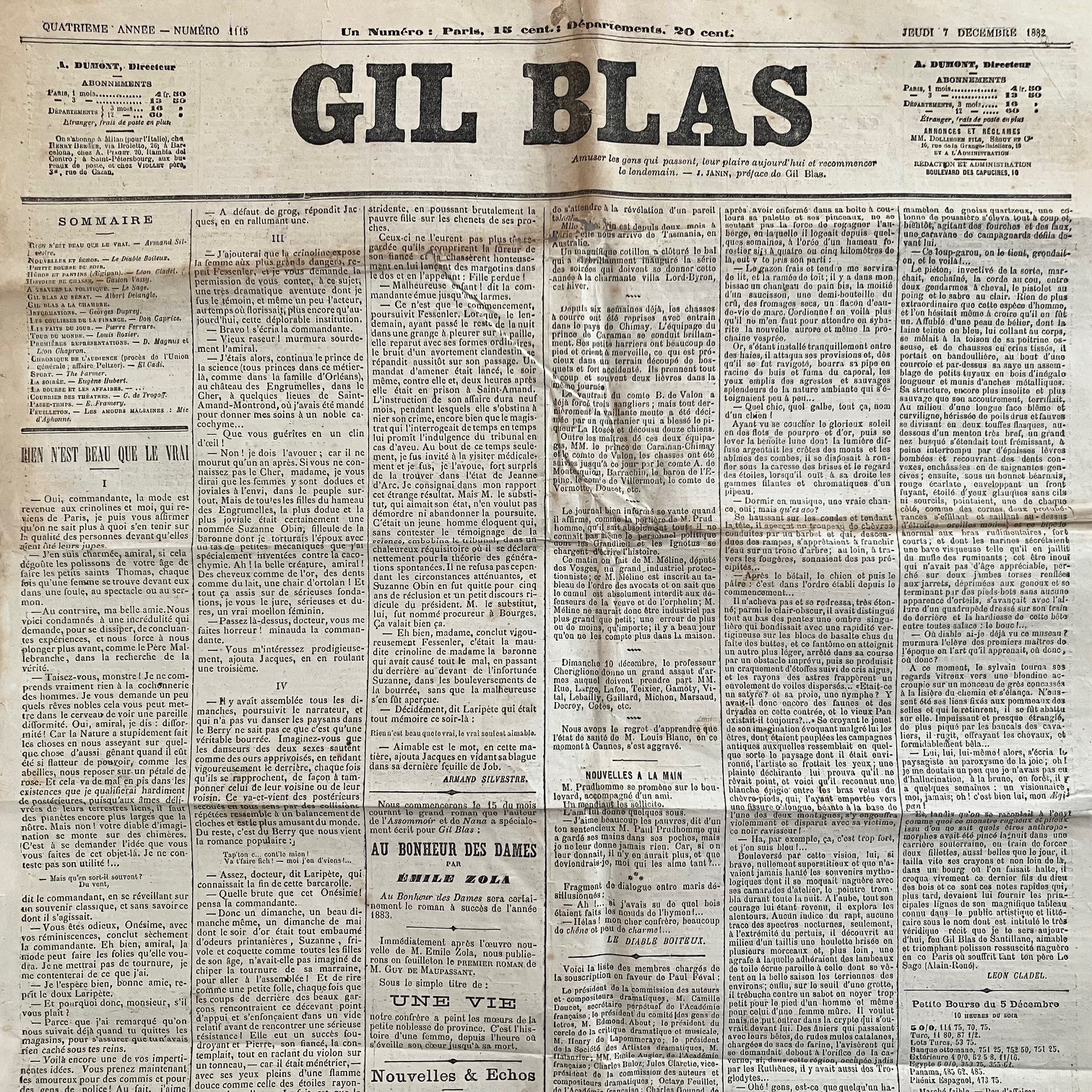 Journal GIL BLAS 7/12/1882 # Annonce ZOLA Au Bonheur des Dames & MAUPASSANT