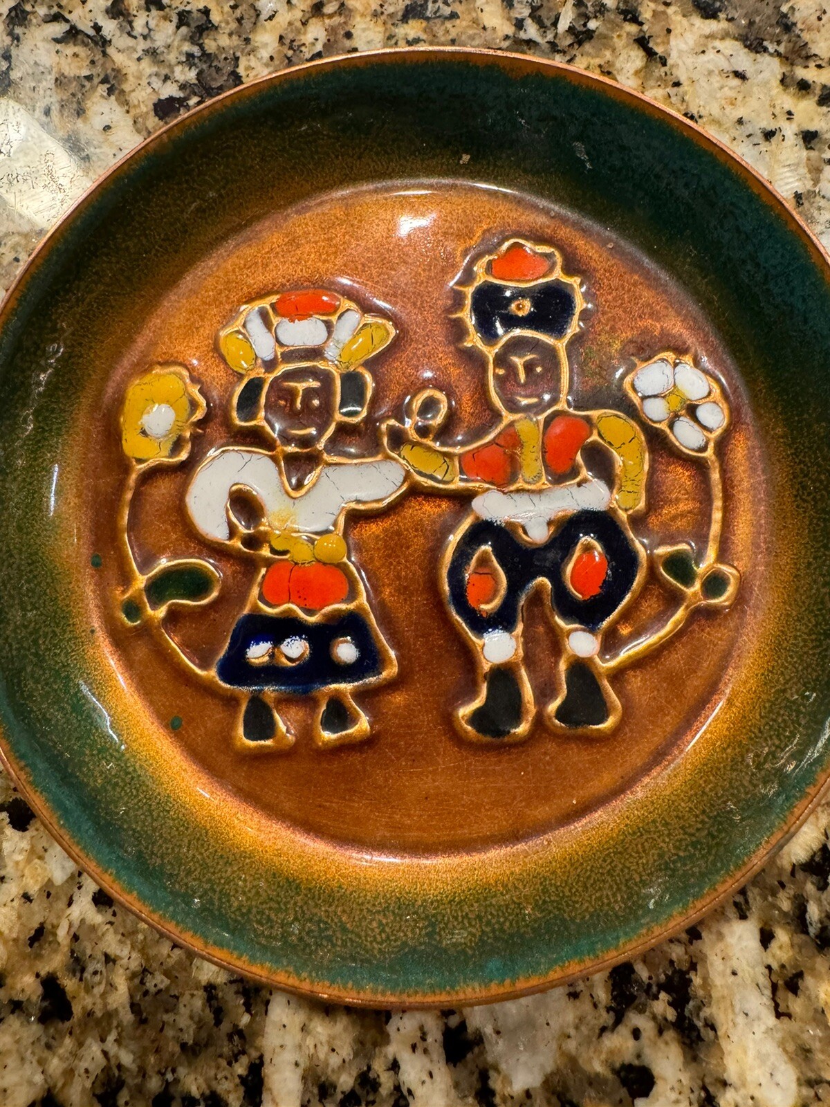 Vtg Greek Moissiadis Folk Art Enamel Trinket Dish Copper Bowl 5-1/8”