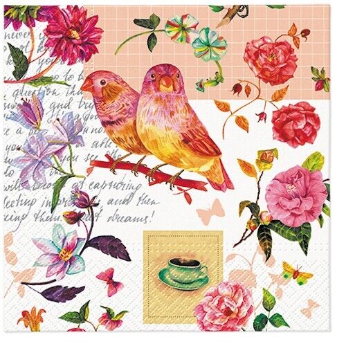 Two Individual Luncheon Decoupage Paper Napkins Birds Animals Coffee Flowers