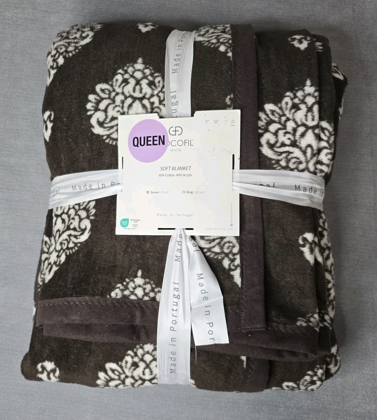 DOCOFIL Queen Soft Blanket Brown Damask Medallion Portugal Cotton Blend NWT