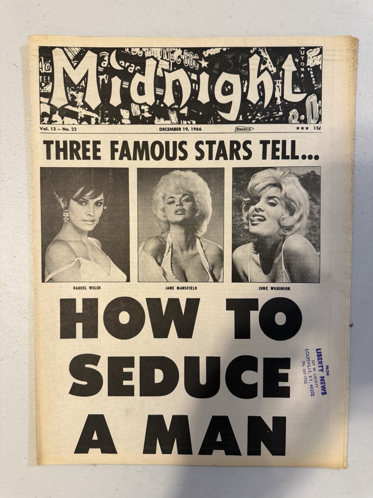 1966 Dec MIDNIGHT Newspaper, Jane Mansfield, Raquel Welch, June Wilkinson (VRN4)