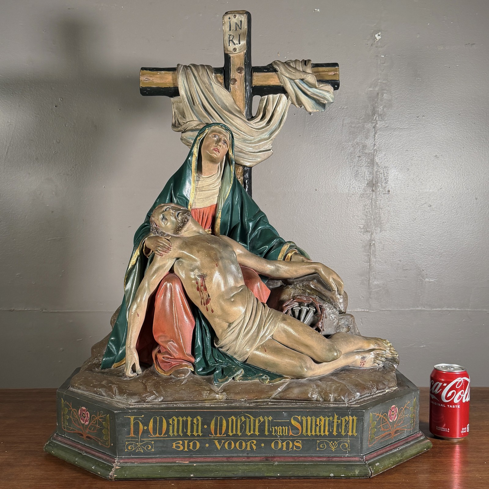 Antique Belgian Pieta Statue Wood & Plaster Virgin Mary Jesus Cross Polychrome