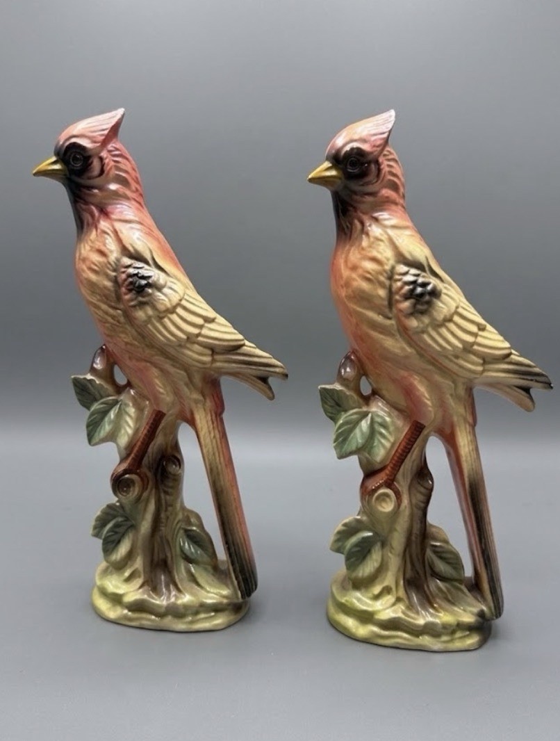 Vintage Ceramic Cardinal Figurines Pair Red Bird Sculptures Painted Set