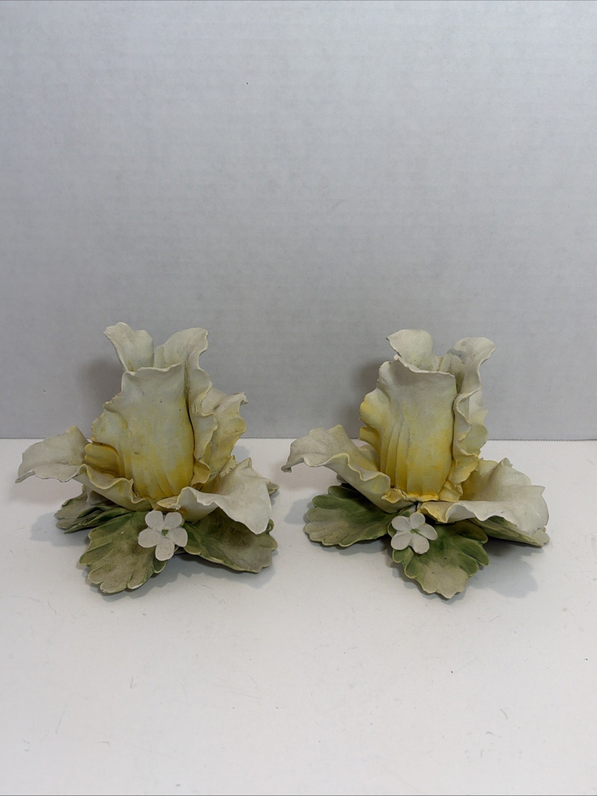 Vintage Pair of Capodimonte Porcelain Yellow Green Rose Candle Holders Italy Vintage Pair of Capodimonte Porcelain Yellow Green Rose Candle Holders Italy
