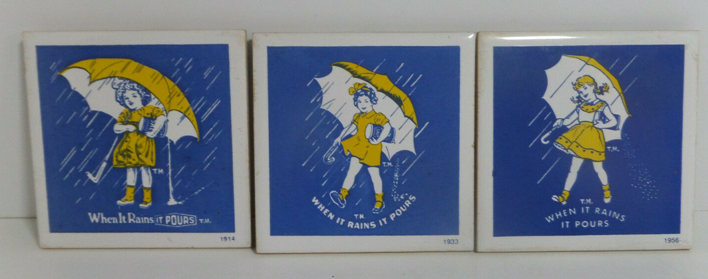 3 Morton Salt ceramic trivets 1914 1933 1956