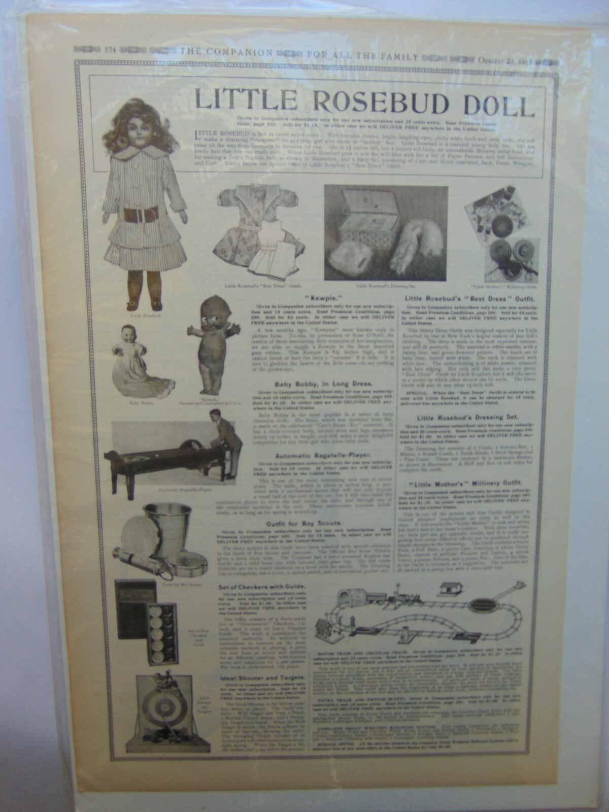 1913 Toy Ad Page Features Little Rosebud Doll vintage art print ad