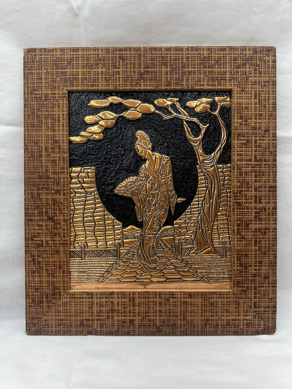 Vintage J. Lawrence 1955 Embossed Copper Brass Wall Art Asian Geisha Woman Fan