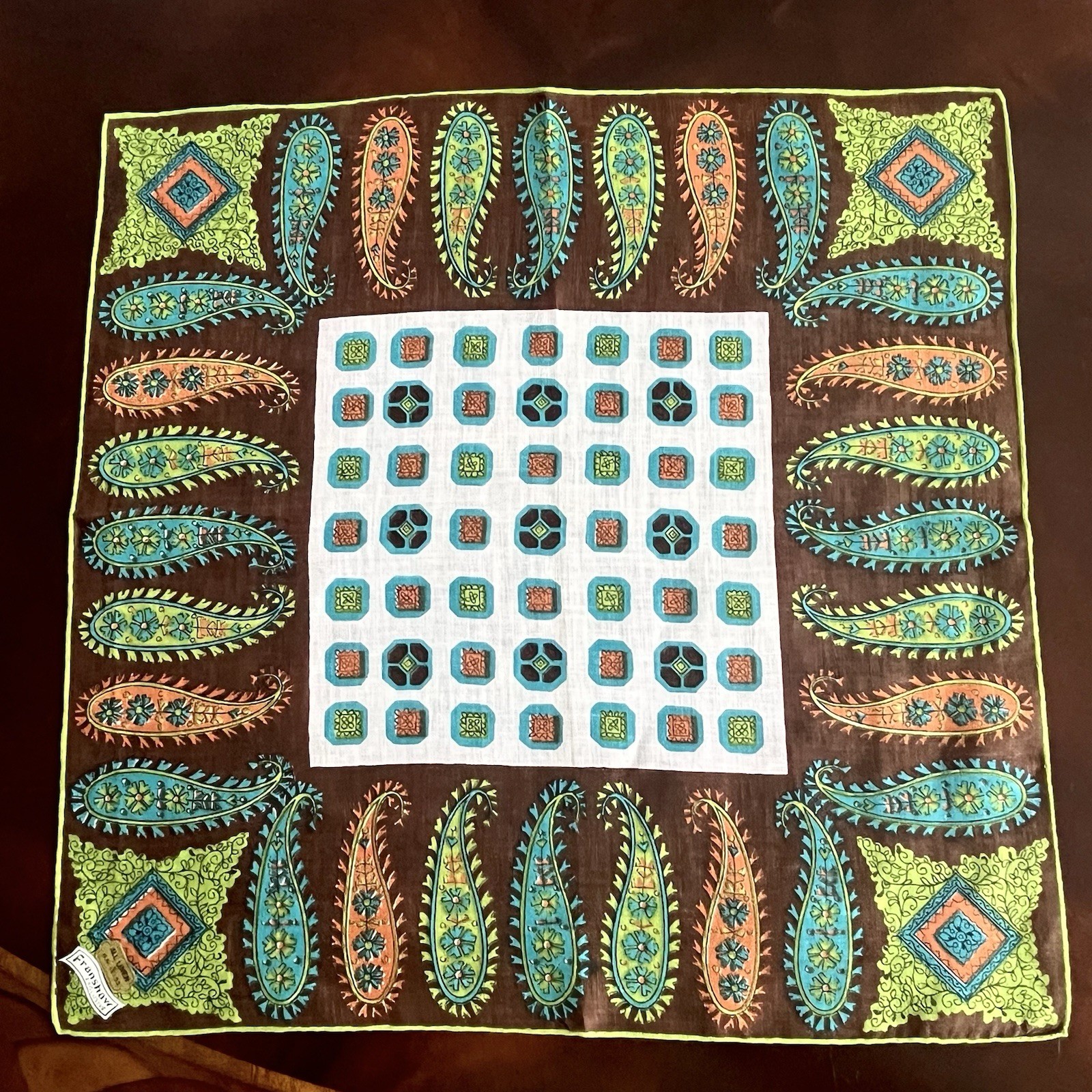 VTG MCM Hankie Franshaw Paisley Brown Green Orange Linen Hand-Rolled Edge 15\