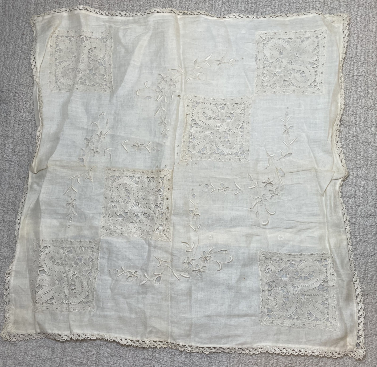 Antique 20s 30s Ivory Cotton & Lace Pillow Cover Button Back 20\