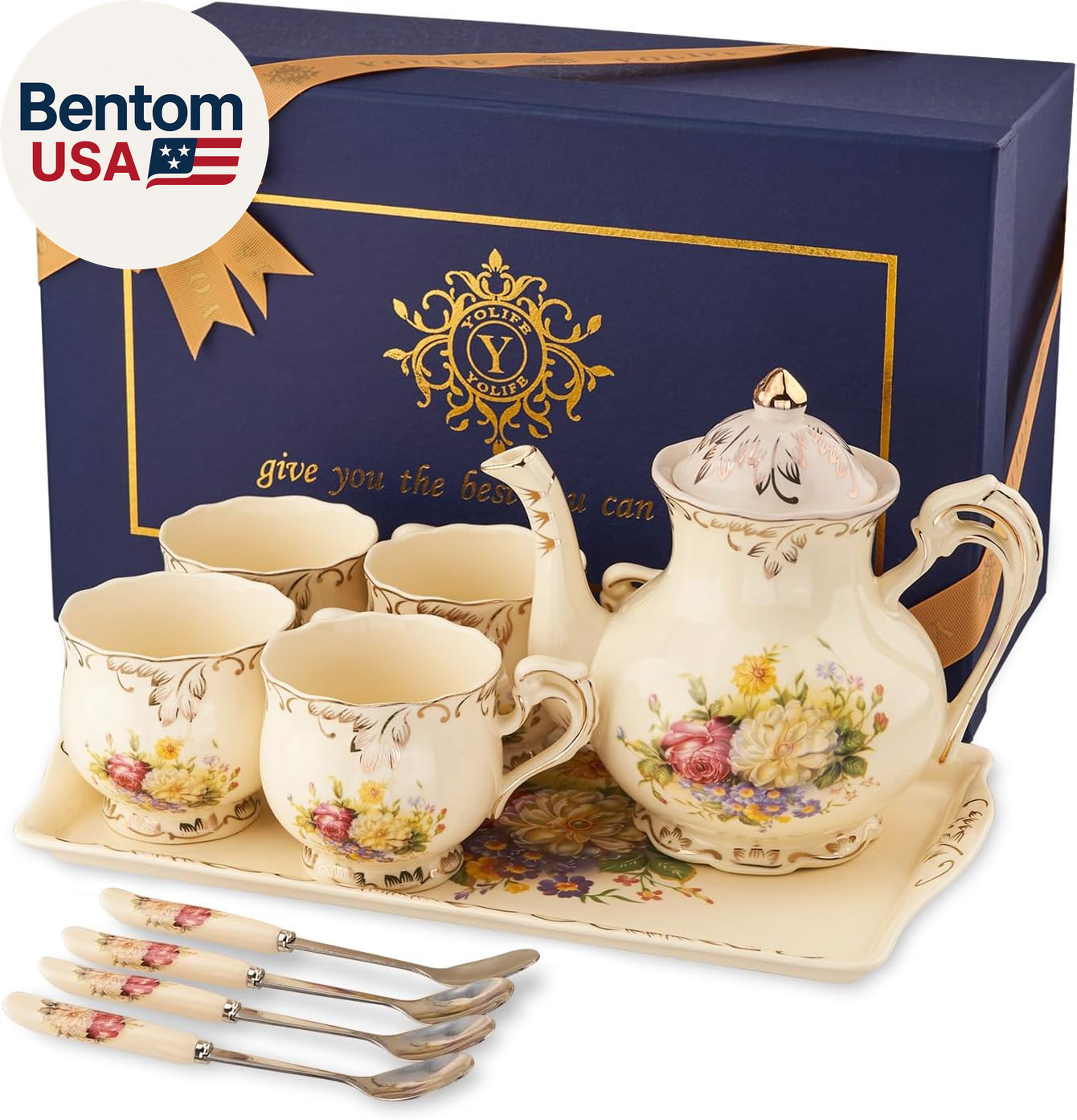 Porcelain Tea Set, Vintage Flowering Shrubs Teapot and Cups Set for Tea Party, B