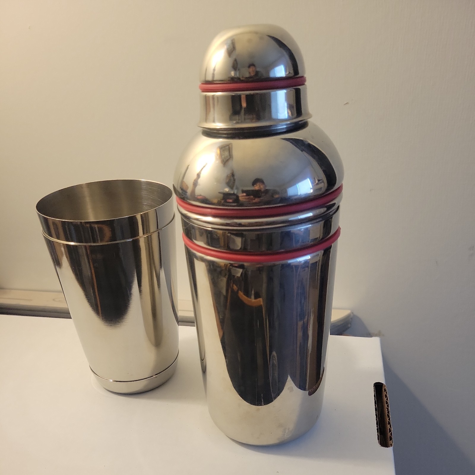 Vintage MCM Stainless Cocktail Shaker - Red Rings - Oneida