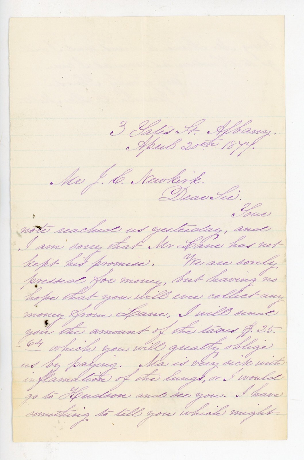 1877 Albany NY Letter Jeannie B. C. De Mello to J.C. Newkirk re: Taxes & Illness