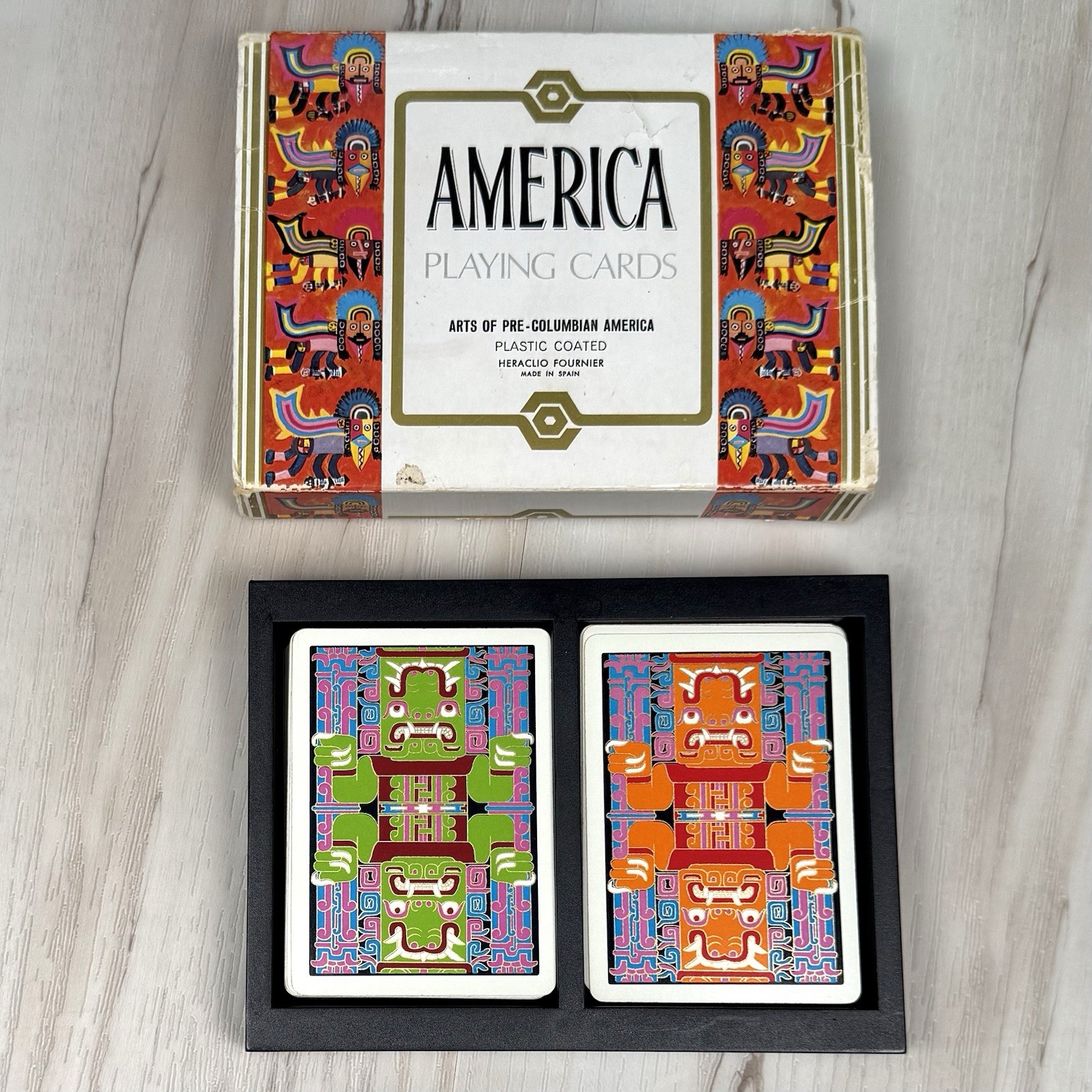 VTG MCM Heraclio Fournier AMERICA 2-Deck Set Canasta PLAYING CARDS Pre-Columbian