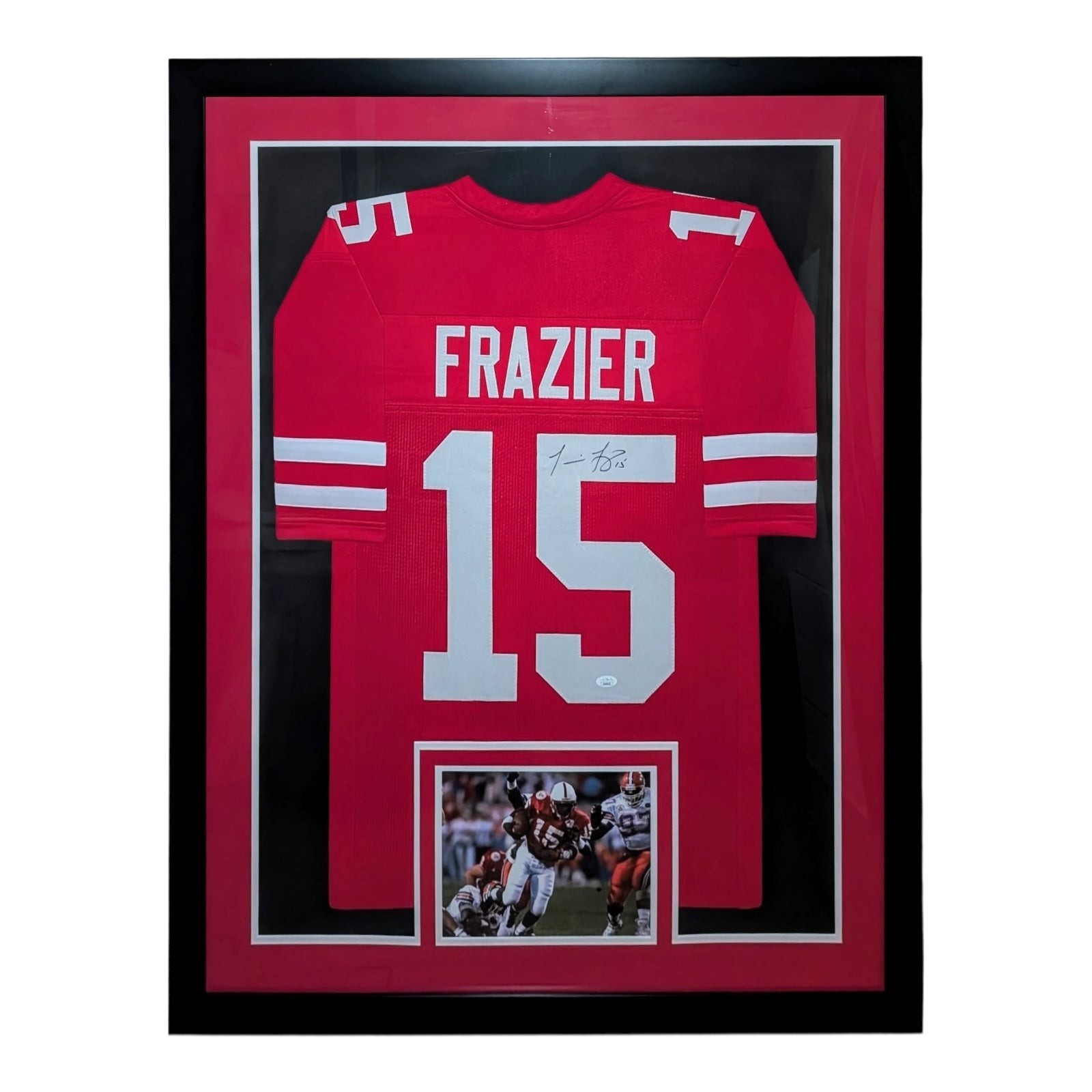 Tommie Frazier Autographed Nebraska Huskers (Red #15) Vertical Framed Jersey - J
