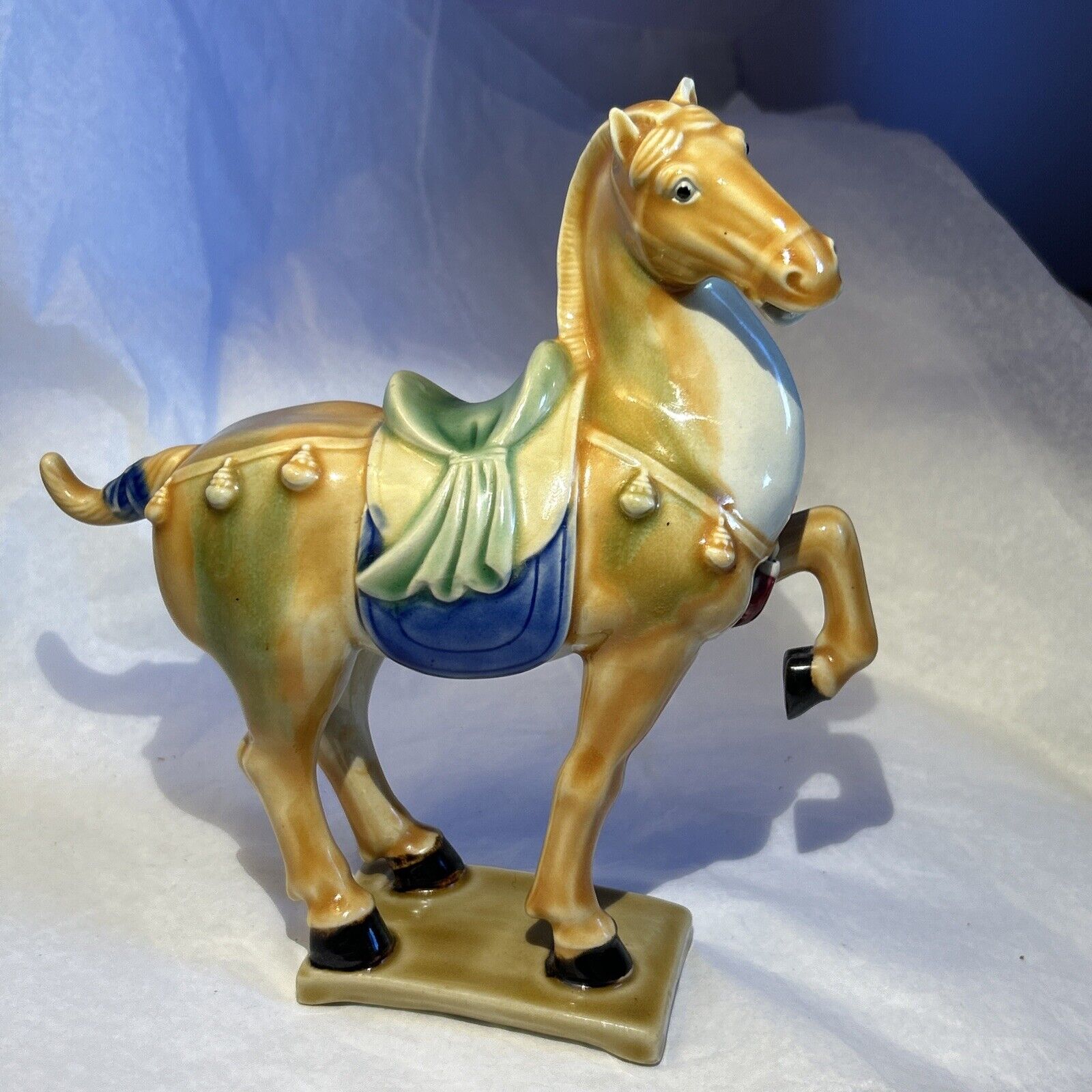 Vintage Chinese Tang Style Glazed Ceramic Prancing War Horse Pottery Statue 1970