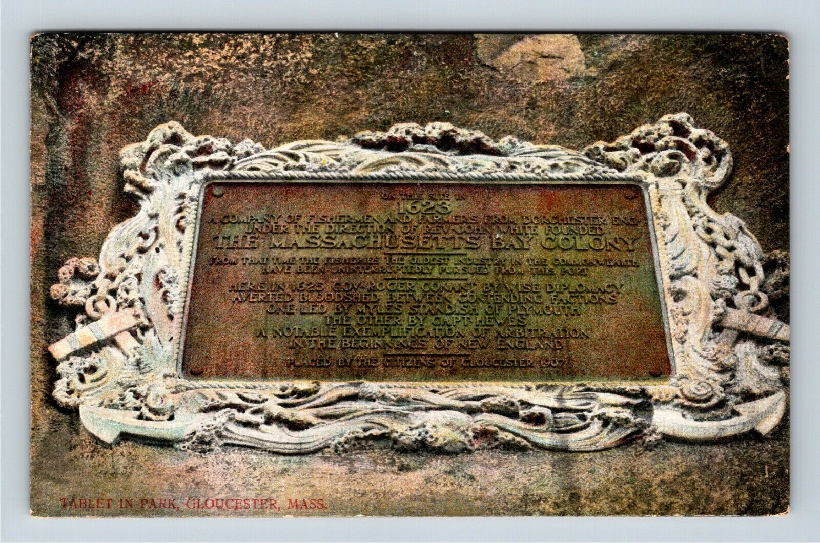 Gloucester MA Park Tablet Honoring Bay Colony Massachusetts Vintage Postcard