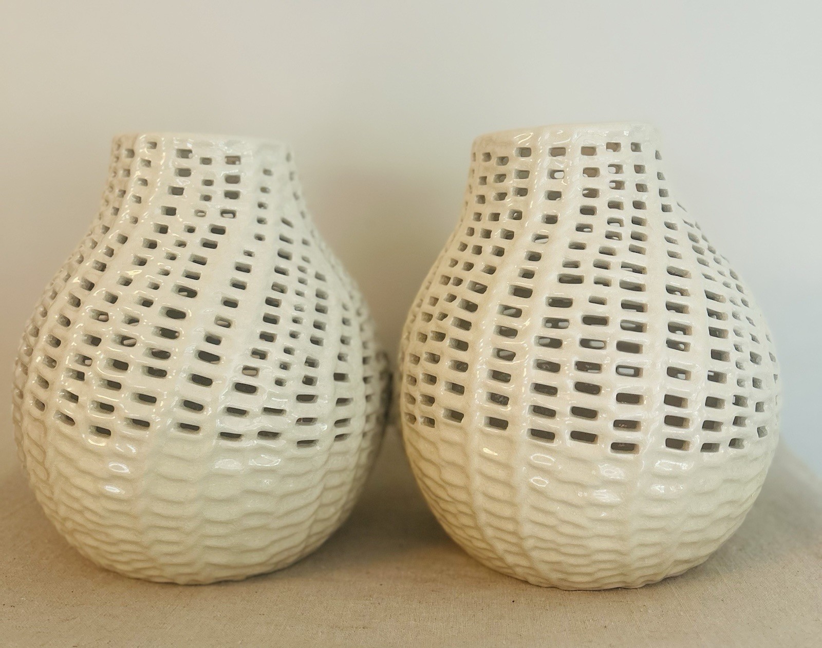 Pair of K&K Interiors White Ceramic Basket Weave Vases Pierced Latticework