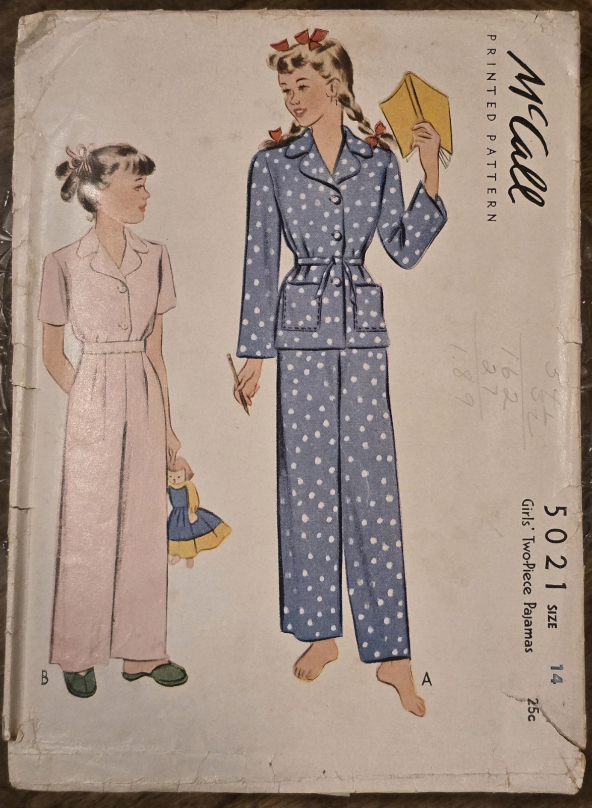 McCall Pattern 5021; ©1942; Girls Two-Piece Pajamas. Size 14/Bust 32; Cut.