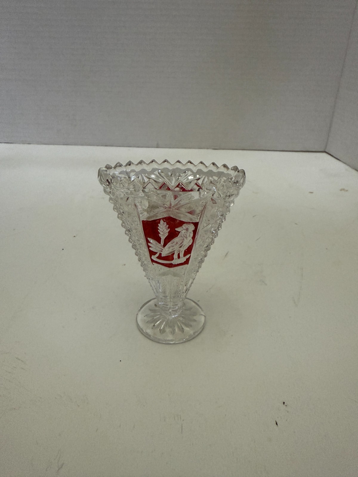 Vintage Hofbauer Byrdes Germany Crystal Fan Vase Ruby Red Bird Panel