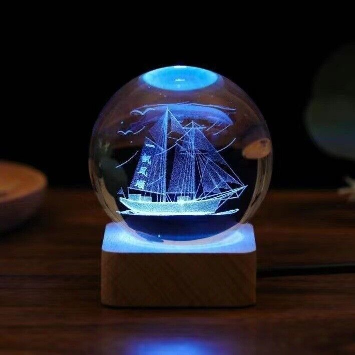 60mm 3D Laser Engraved Crystal Ball with Warm Wooden Led Light Base New