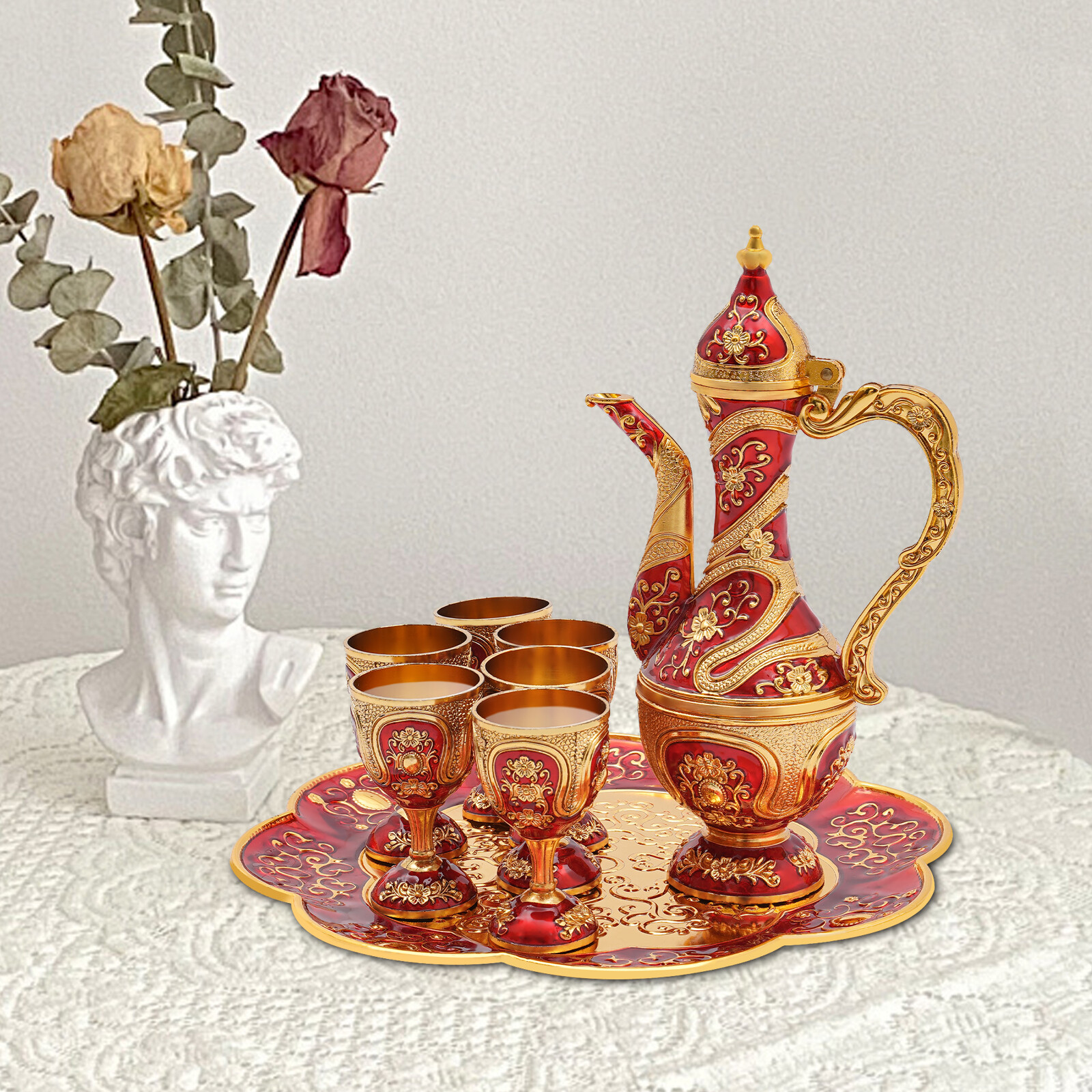 Vintage Turkish Tea Set with 6 Cups & Tray Red Gold Zinc Alloy