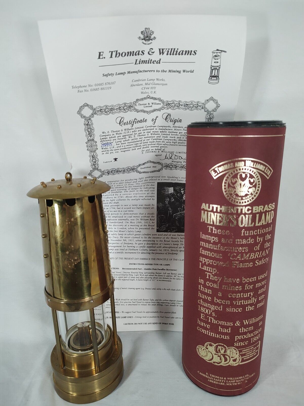 E Thomas and Williams Cambrian Brass Miners Oil Safety Lamp Lantern Wales Made