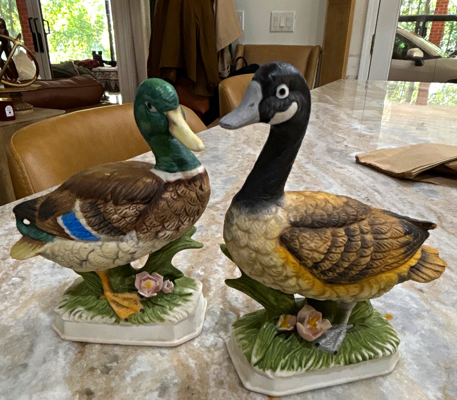 Porcelain Duck Figurines Pair - Mallard Duck & Canada Goose Bird Set