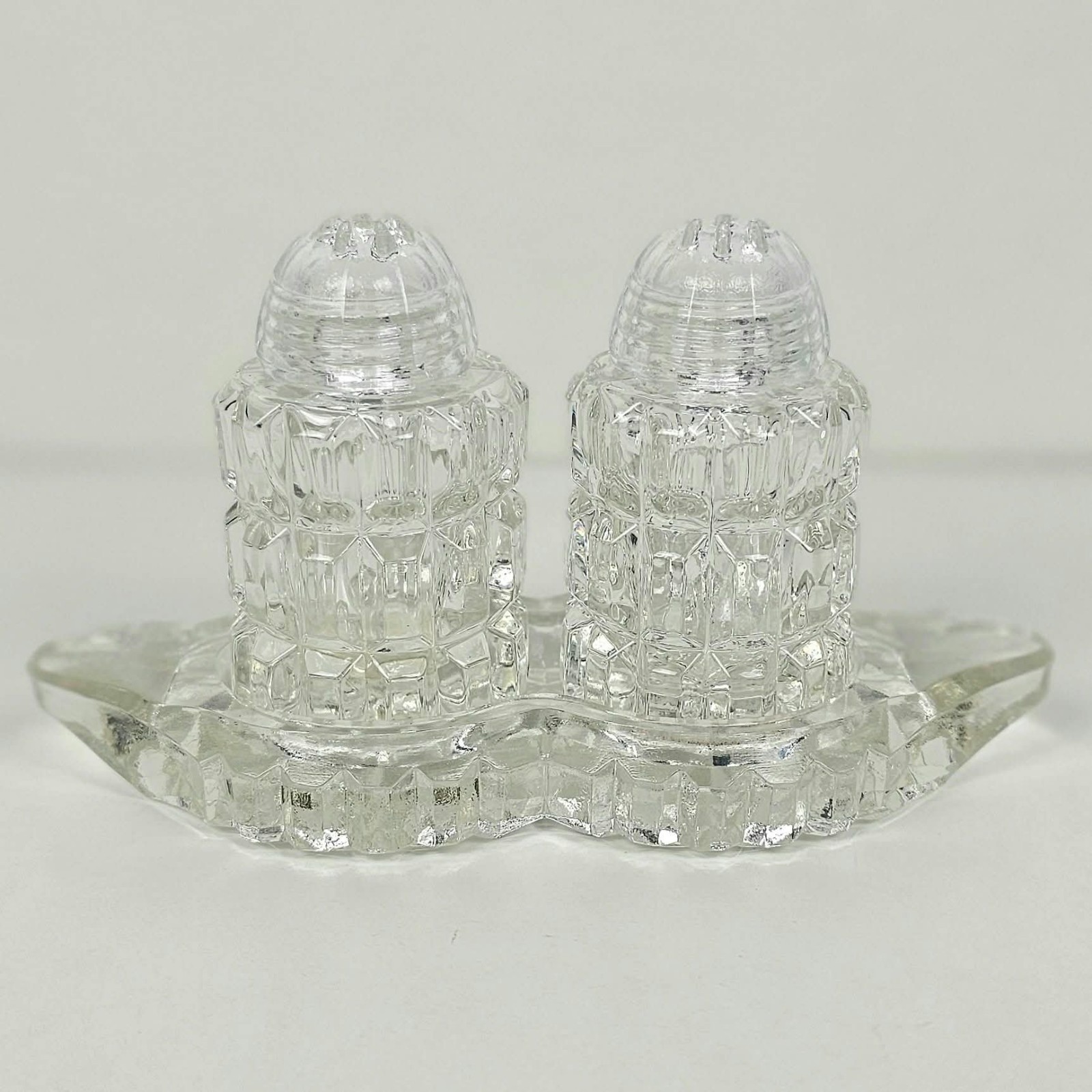 Vintage Bohemia Crystal Salt Pepper Shakers Tray Czechoslovakia Cubist Glass MCM