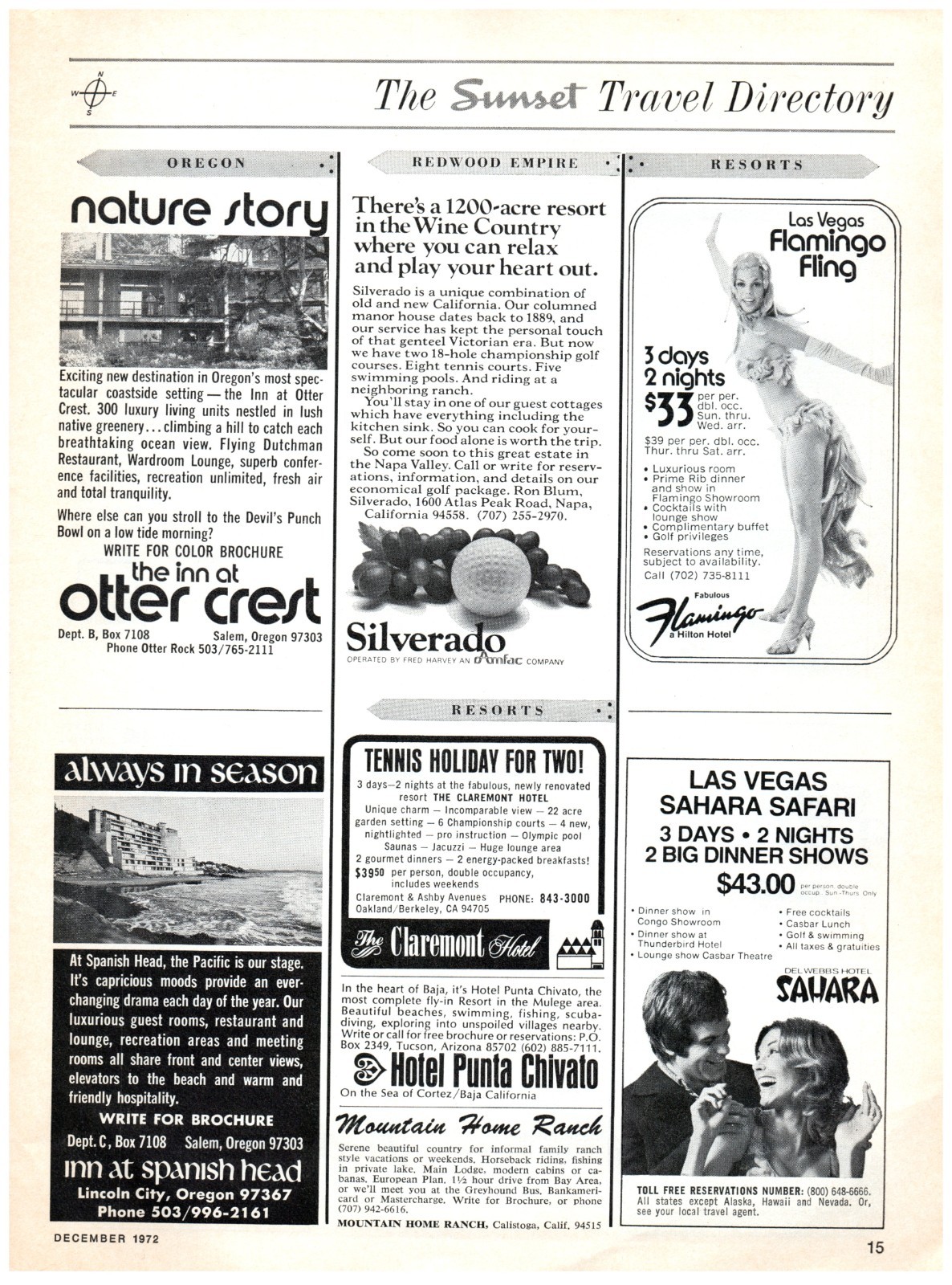 PRINT AD, 1972 Las Vegas Casinos Flamingo & Sahara Inn At Spanish Head Silverado