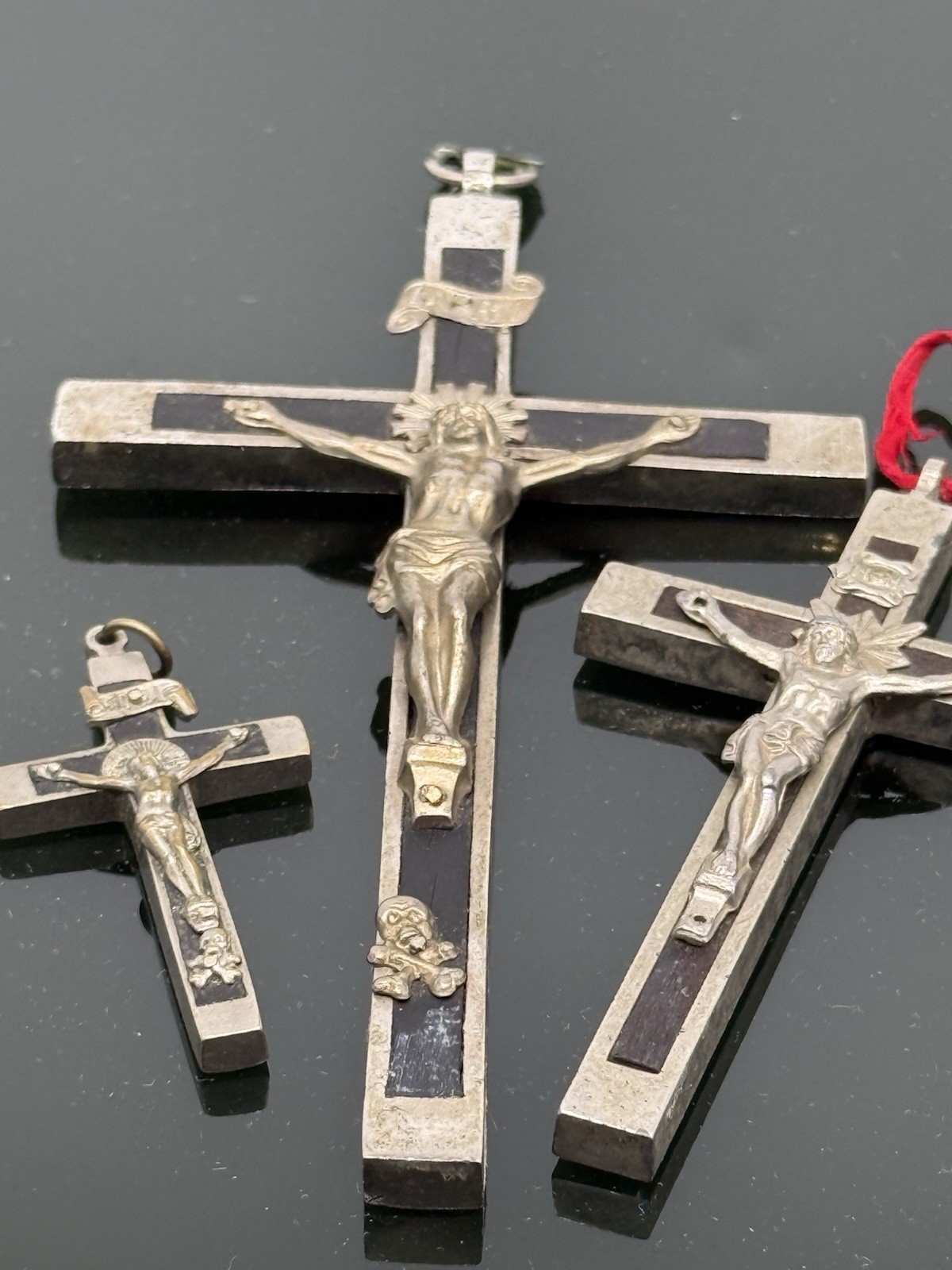 Set Of 3 Vintage German Pectoral Crucifix Skull Crossbones Cross Silver & Ebony