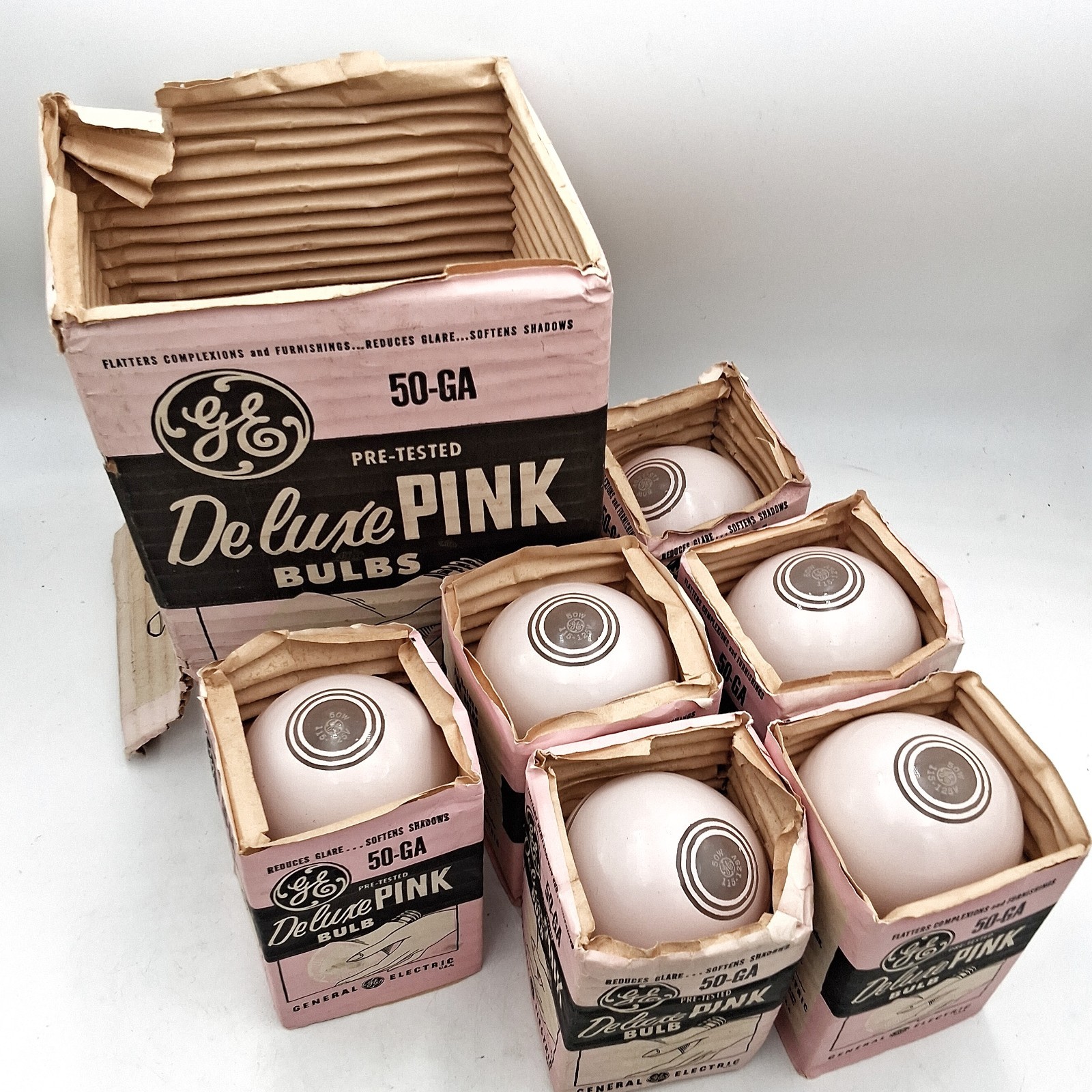 (6) Rare GE Vintage 50's Art Deco Pink Mushroom 50 W Light Bulbs (6) Rare GE Vintage 50's Art Deco Pink Mushroom 50 W Light Bulbs