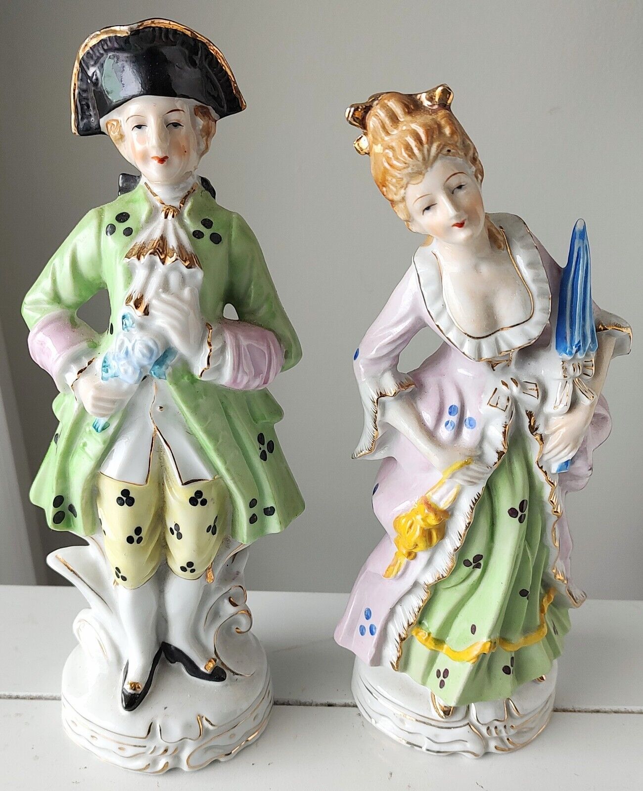 2 Vintage Male and Female Couple Figure Japan Porcelain Colonial 18th Century
