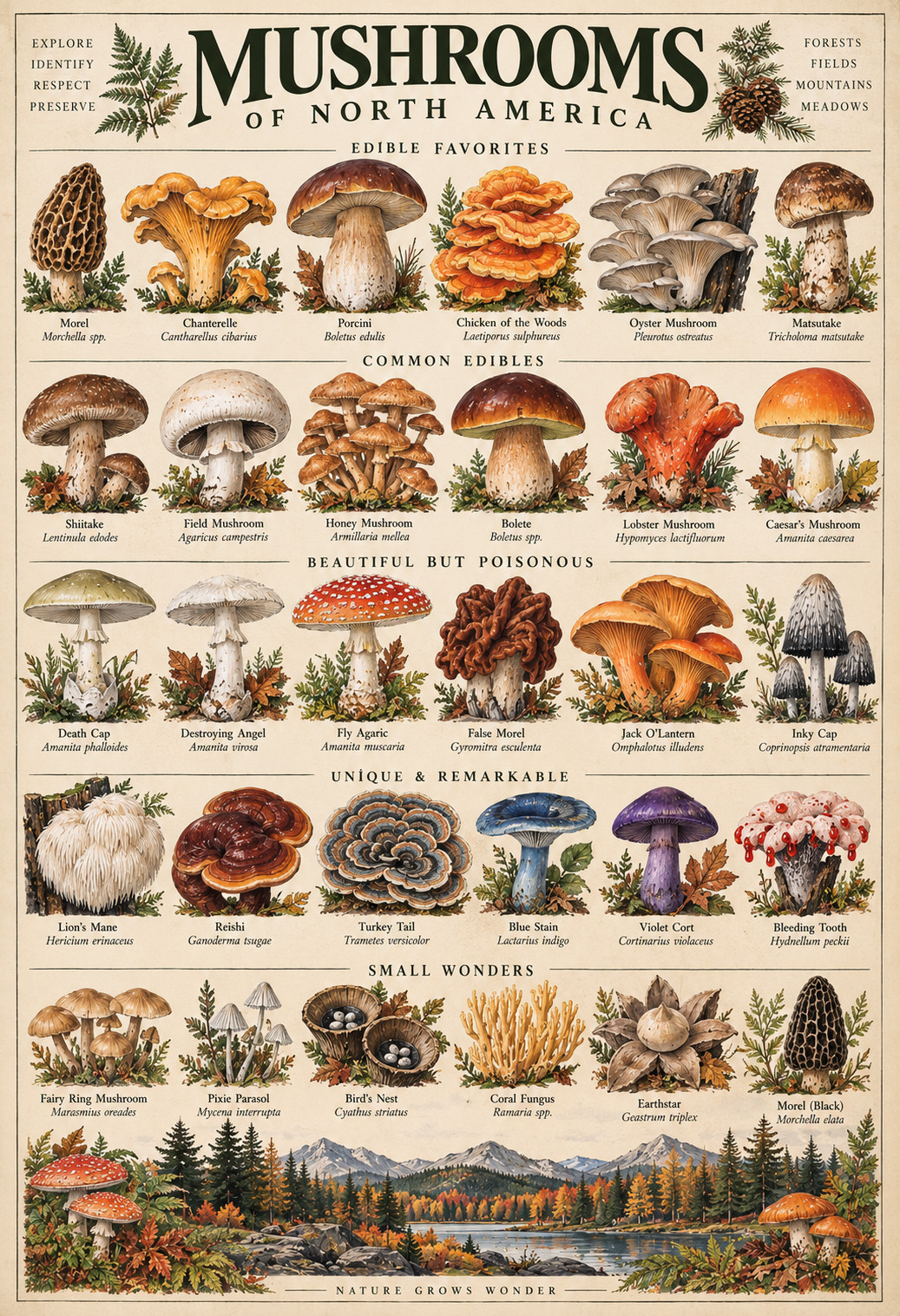 Mushrooms of North America Vintage Botanical Identification Chart Poster 13x19