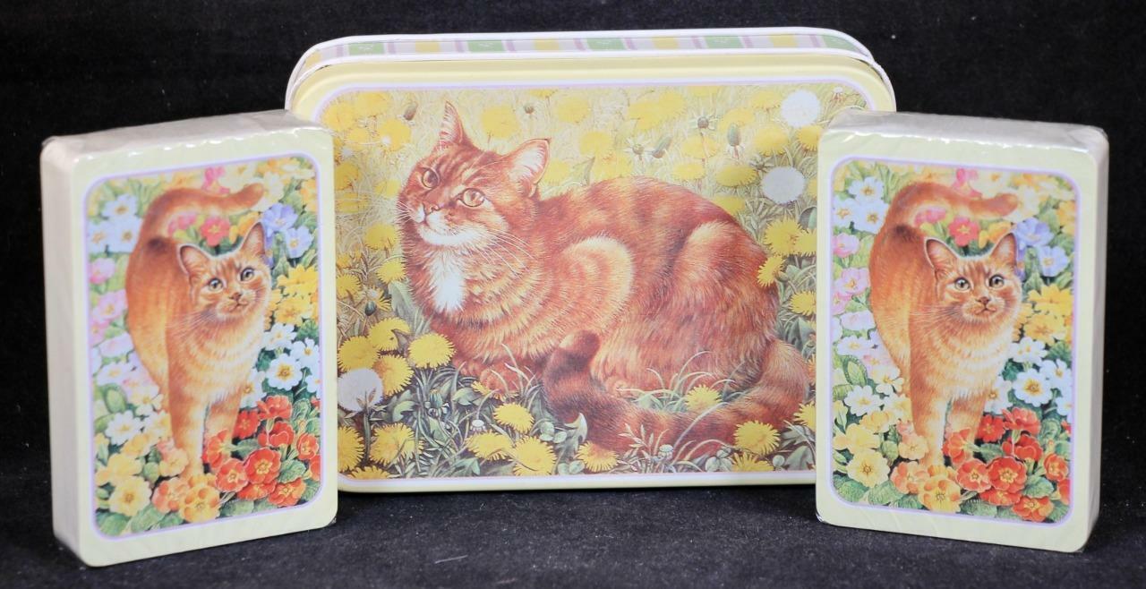 1990 Enesco Gift Gallery Ivory Cats Decorative Tin With Playing Cards