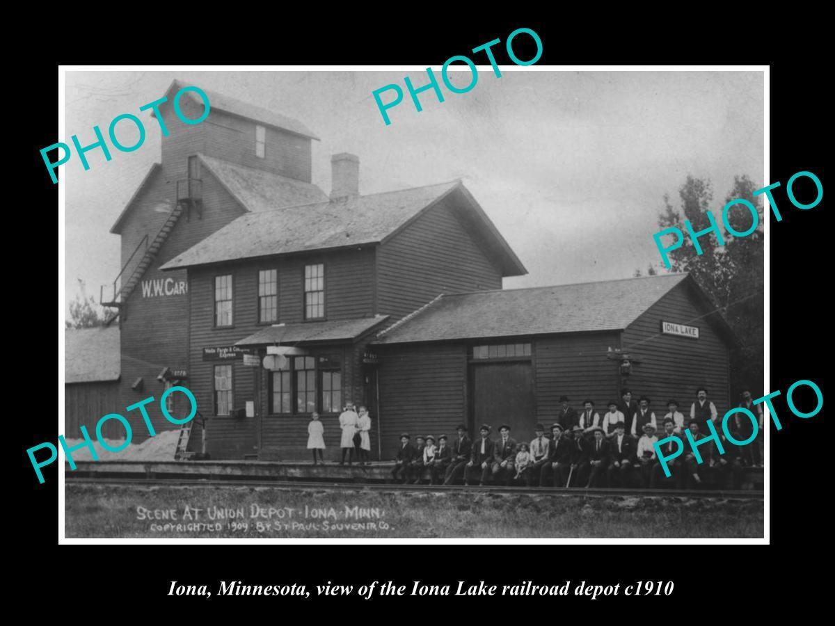 OLD LARGE HISTORIC PHOTO OF IONA MINNESOTA THE LAKE RAILROAD DEPOT STATION 1910