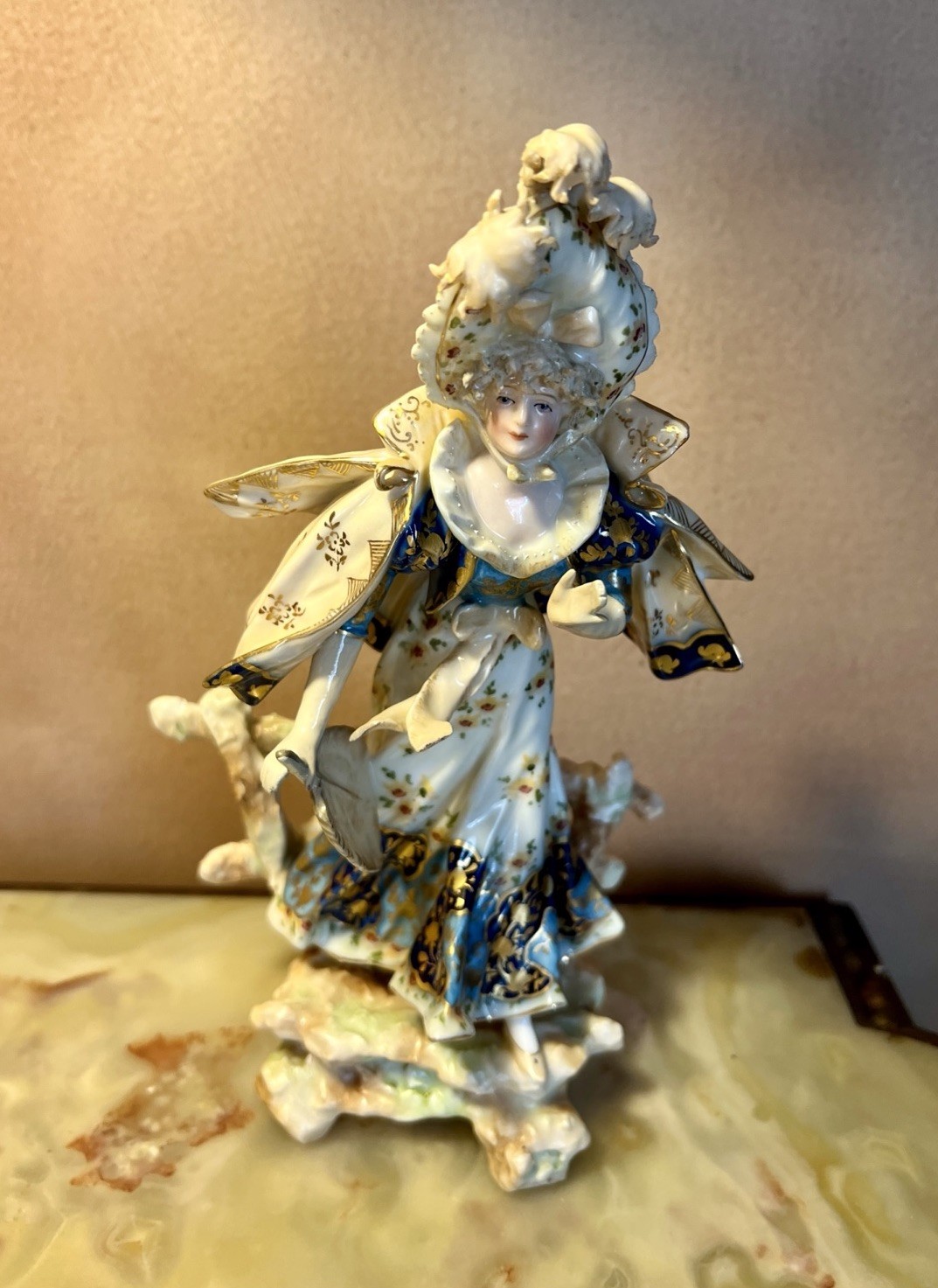 Antique Porcelain Victorian Woman W/ Fan Gold & Flowered Dress & Feathered Hat