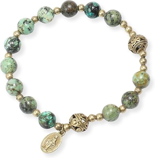Africa Jasper Stone Bead Rosary Bracelet Catholic Miraculous Medal Wrist Jewelry