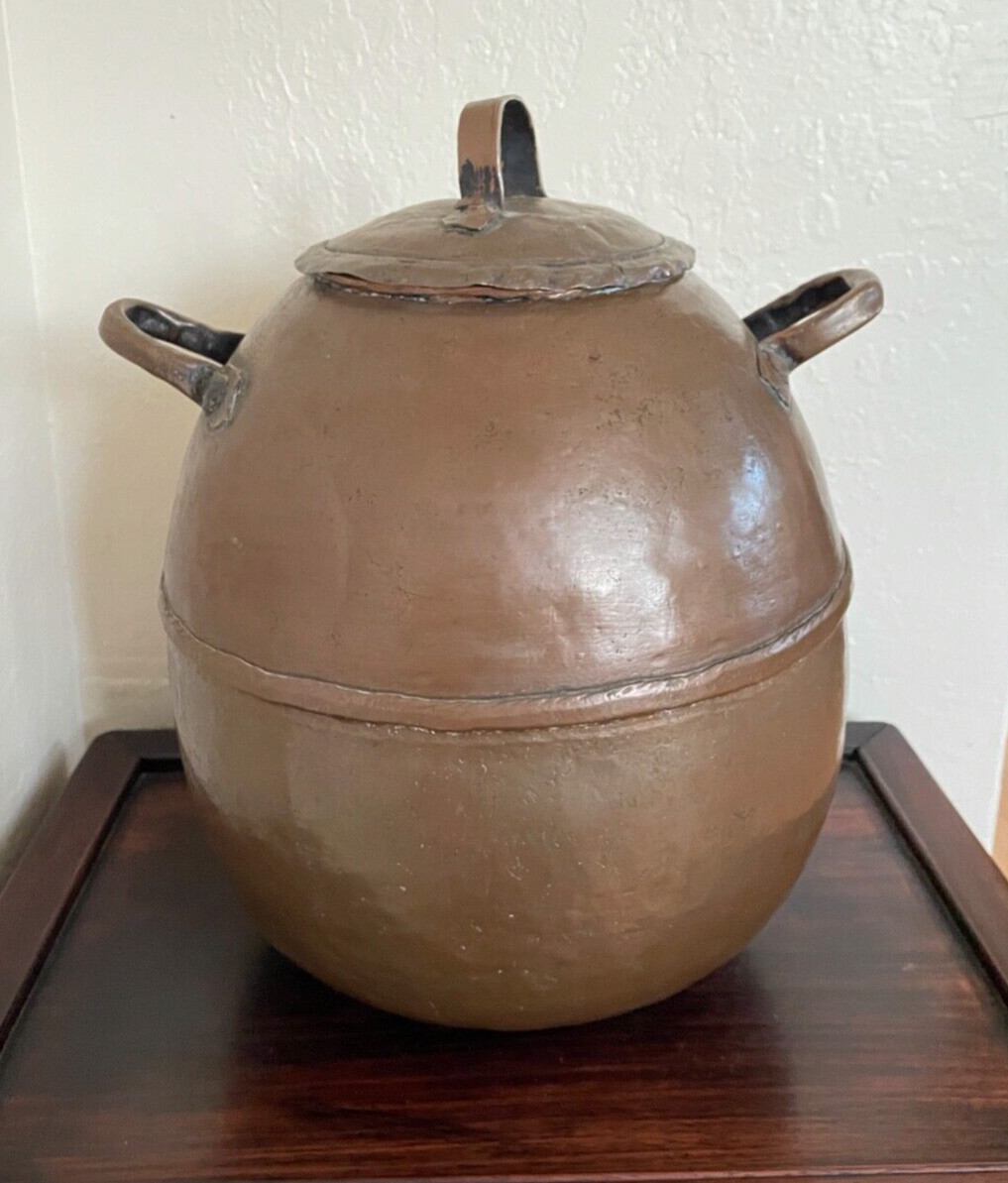 Antique Hand Hammered Copper Lidded Jar Vessel 12\